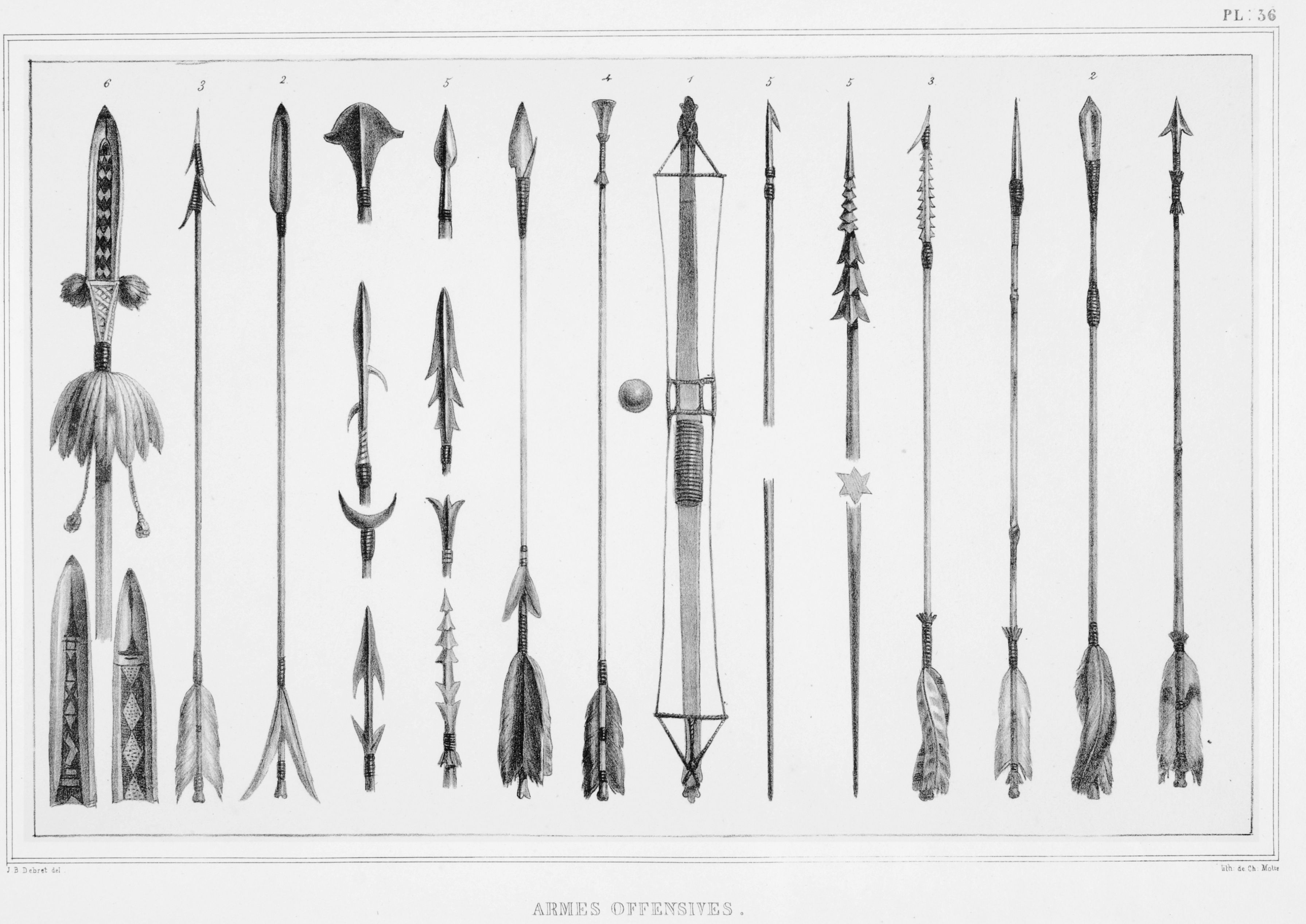 Debret, Jean Baptiste, 1768-1848. Armes offensives. Paris : Firmin Didot Frères. 1 grav. : litografia pb.; dimensões da grav.: 24,5 x 33,8 cm em f. 54,0 x 36,0 cm; dimensões da imagem: 3582 x 2535 pixels; 300 dpi (resolução), 1834.