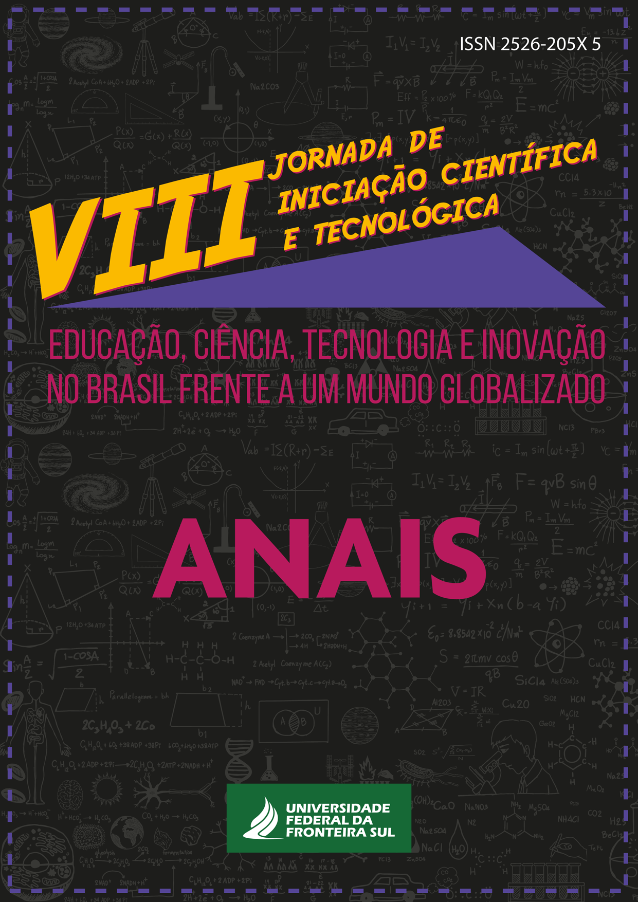 Capa com fundo preto, letras amarelas e cor de rosa, identificação da VIII Jornada de Iniciação Científica e Tecnológica da UFFS